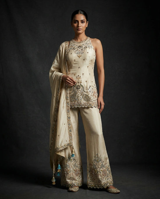 Off White Tissue Palazzo Suit with Flared Palazzo - Rangoli India