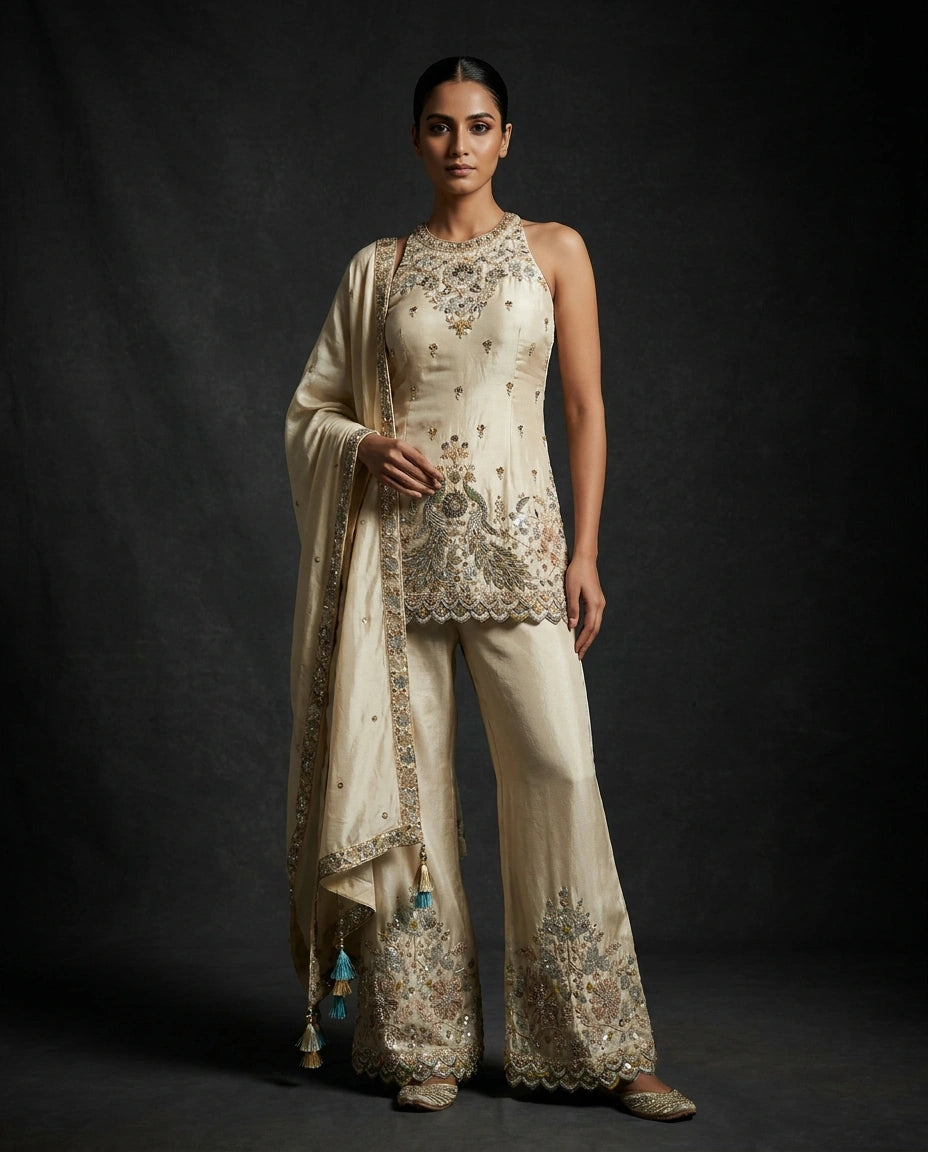 Off White Tissue Palazzo Suit with Flared Palazzo - Rangoli India