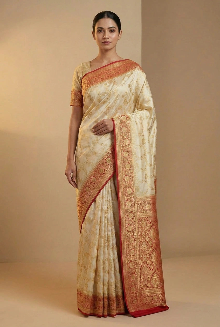 Woman wearing a cream saree with red border against a beige background