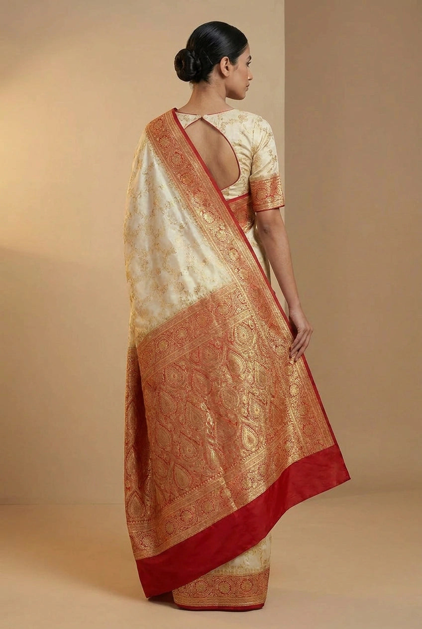Woman wearing a traditional saree with a beige and red pattern on a beige background