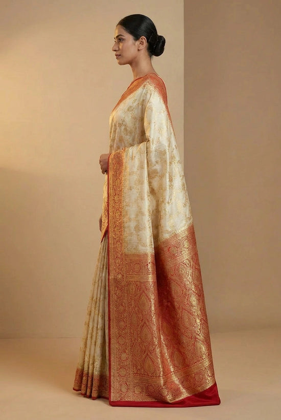 White/Red Satin Silk Bridal Banarasi Saree for Bridal Reception
