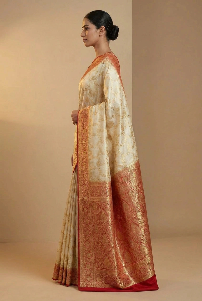 White/Red Satin Silk Bridal Banarasi Saree for Bridal Reception