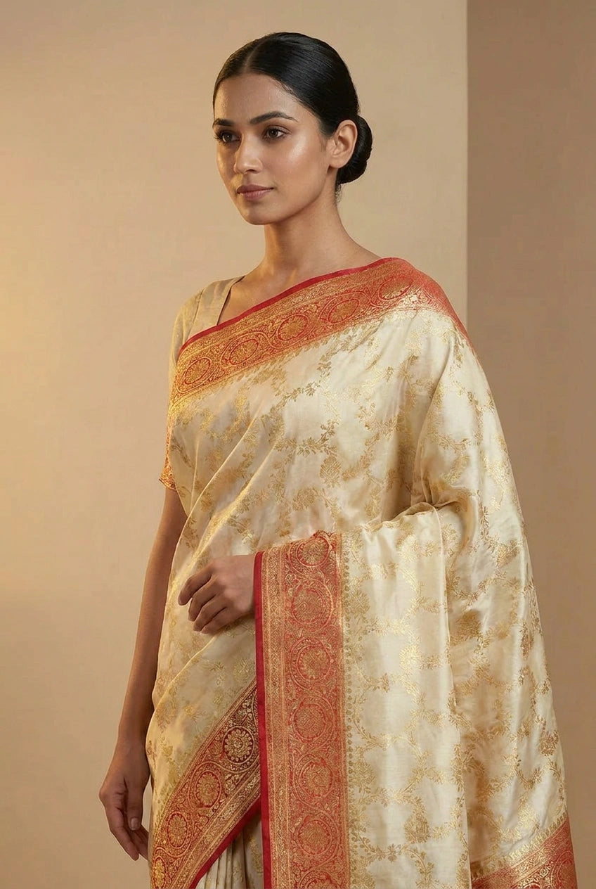 White/Red Satin Silk Bridal Banarasi Saree for Bridal Reception