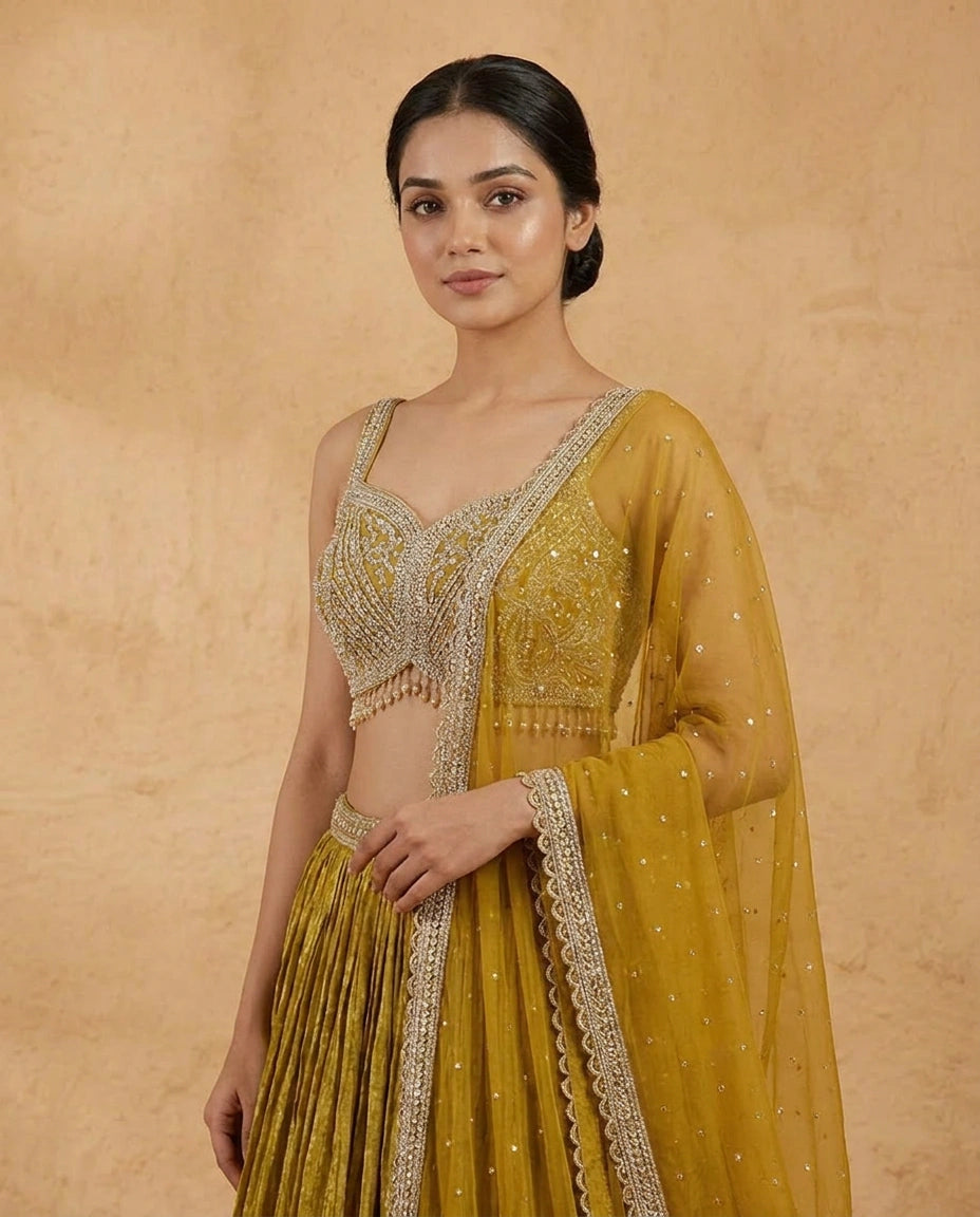Tissue Croptop Lehenga with Embroidered Croptop and Flared Skirt - Rangoli India