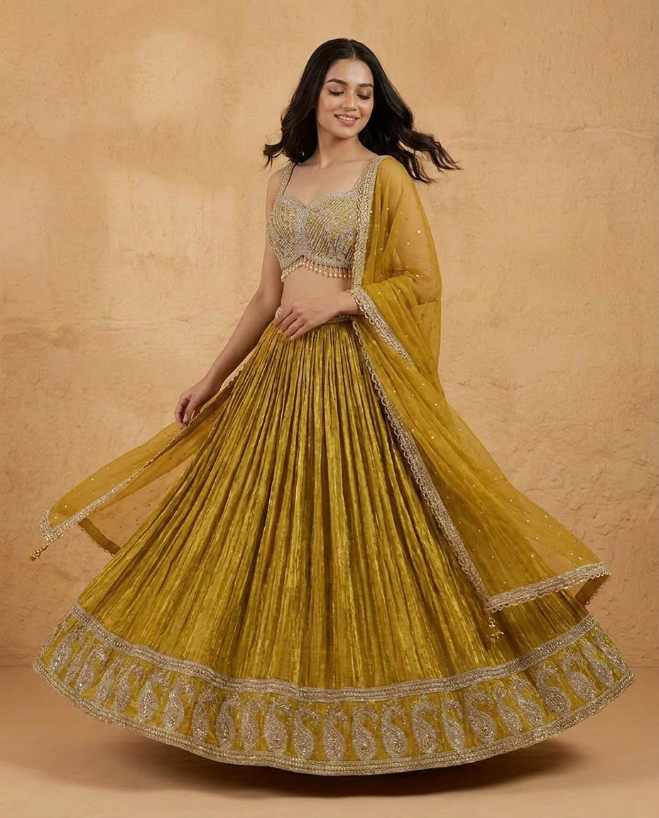 Tissue Croptop Lehenga with Embroidered Croptop and Flared Skirt - Rangoli India