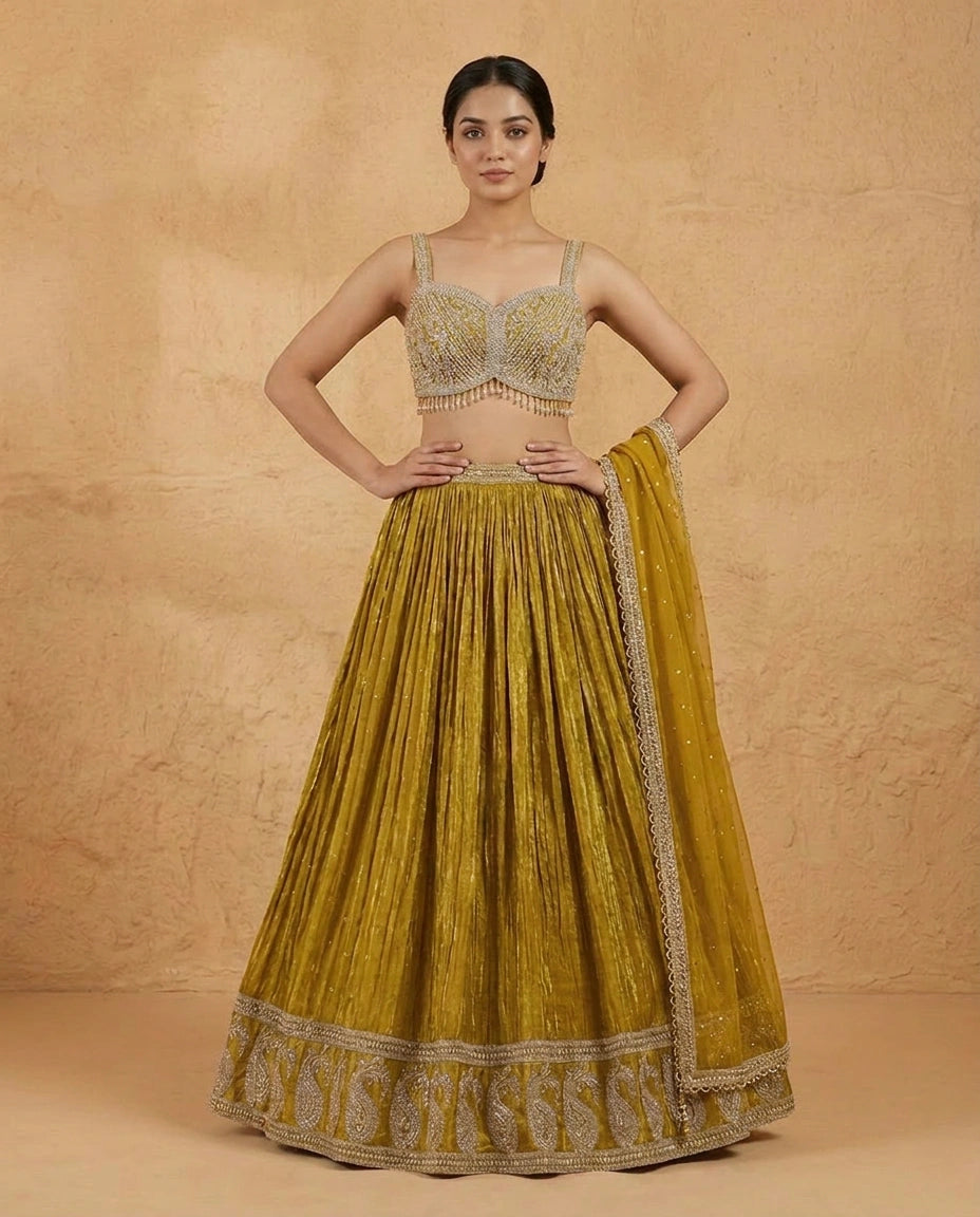 Tissue Croptop Lehenga with Embroidered Croptop and Flared Skirt - Rangoli India
