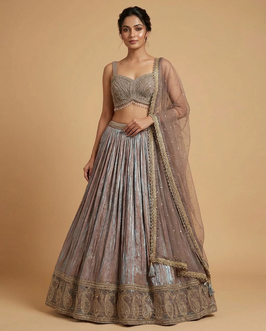 Tissue Croptop Lehenga with Embroidered Croptop and Flared Skirt - Rangoli India