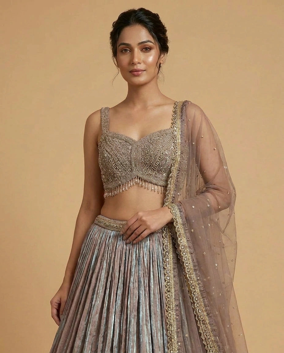 Tissue Croptop Lehenga with Embroidered Croptop and Flared Skirt - Rangoli India