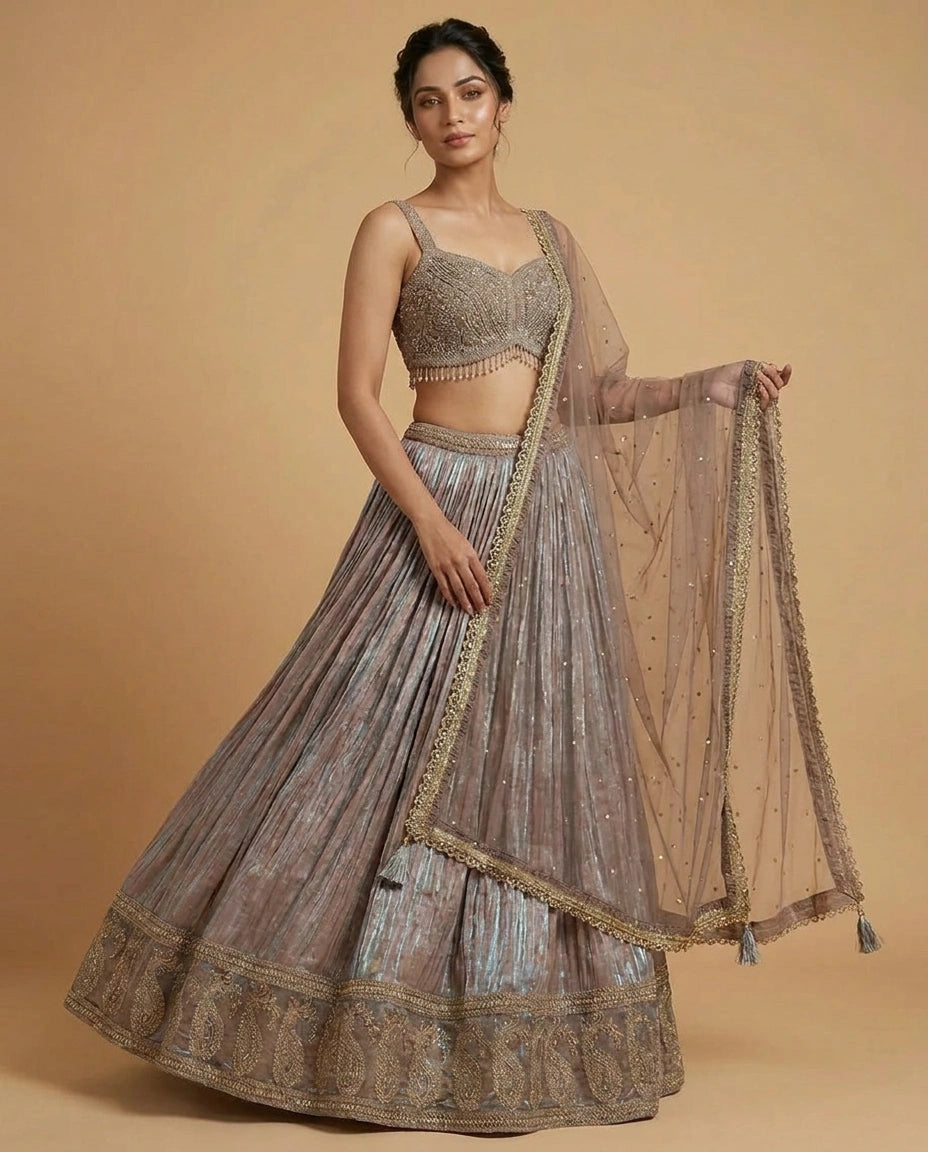 Tissue Croptop Lehenga with Embroidered Croptop and Flared Skirt - Rangoli India