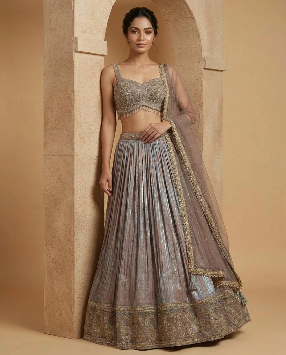 Tissue Croptop Lehenga with Embroidered Croptop and Flared Skirt - Rangoli India