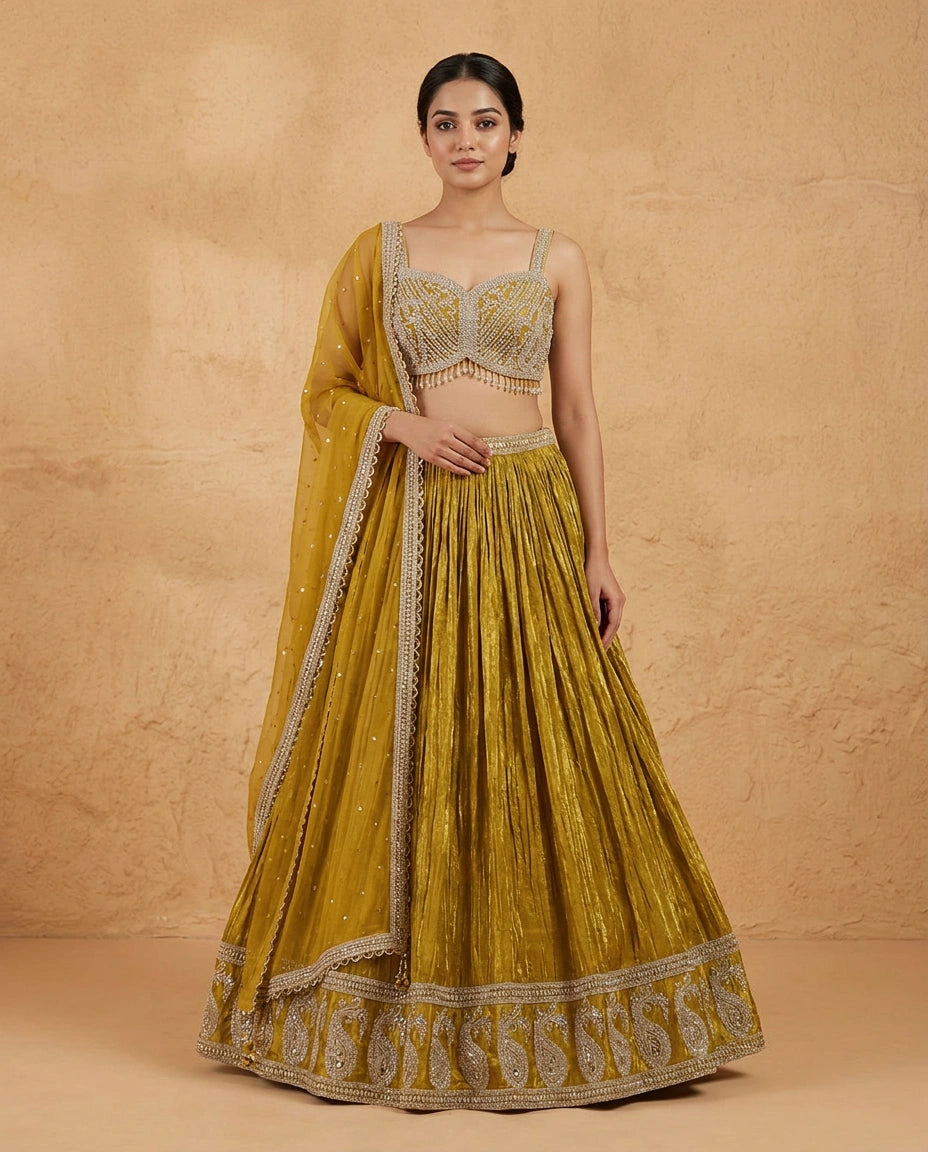 Tissue Croptop Lehenga with Embroidered Croptop and Flared Skirt - Rangoli India