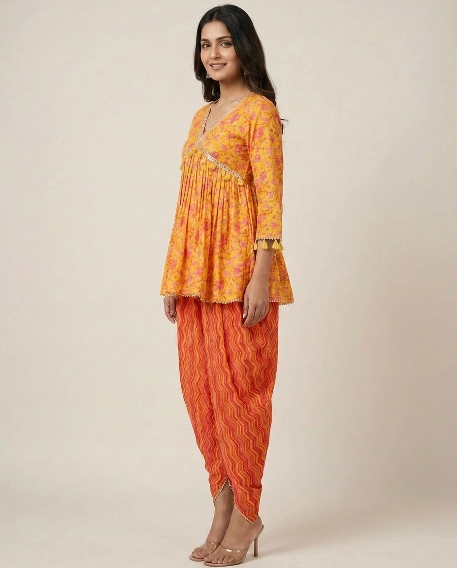 Yellow Muslin Dhoti Suit Set for Sangeet and Festive