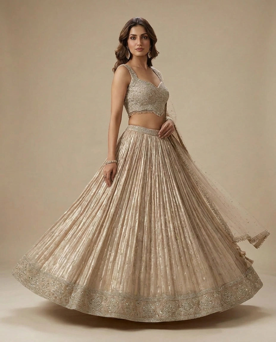 Tissue Lehenga with Embroidered Croptop and Flared Skirt - Rangoli India
