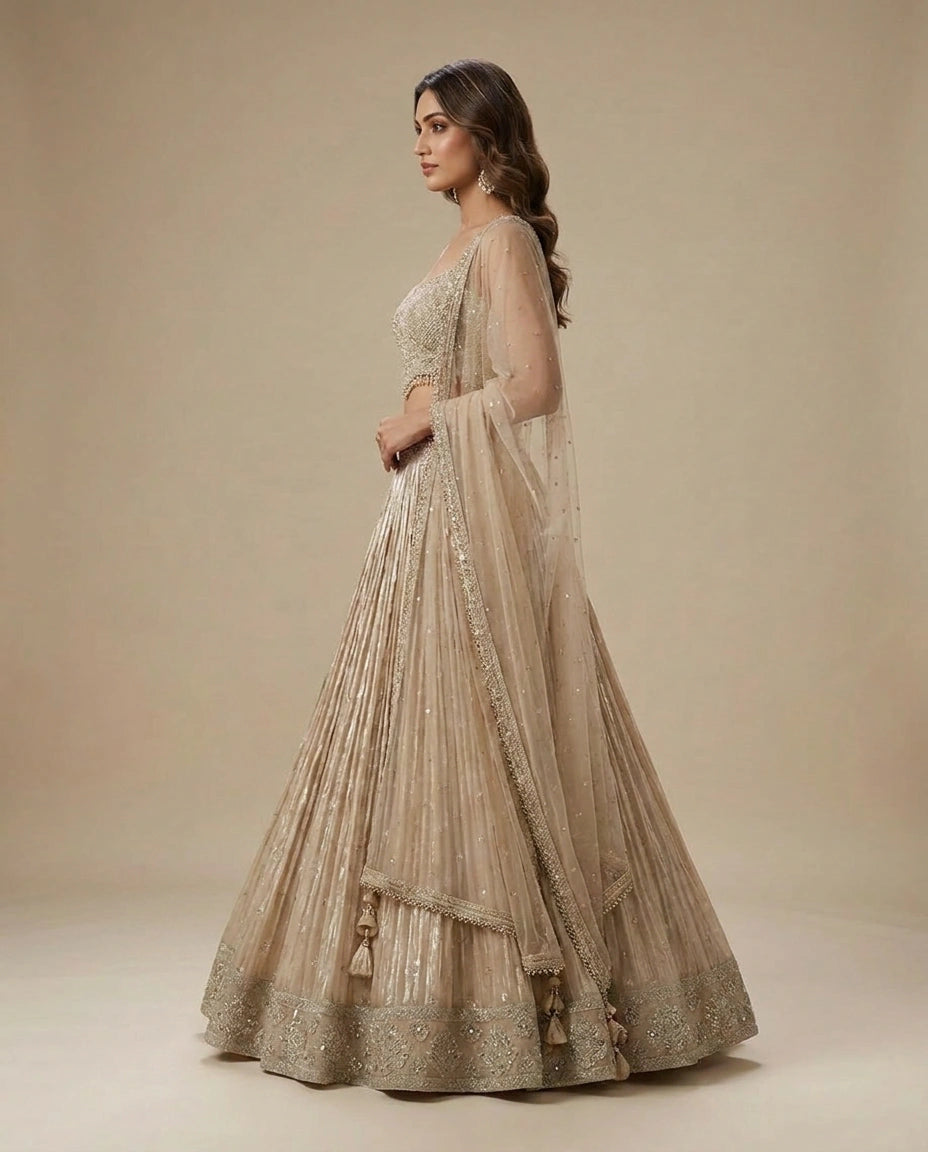 Tissue Lehenga with Embroidered Croptop and Flared Skirt - Rangoli India