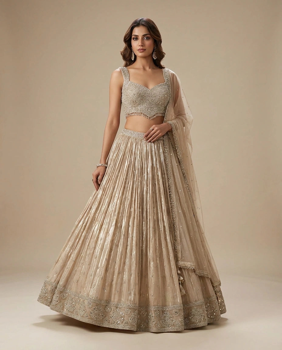 Tissue Lehenga with Embroidered Croptop and Flared Skirt - Rangoli India