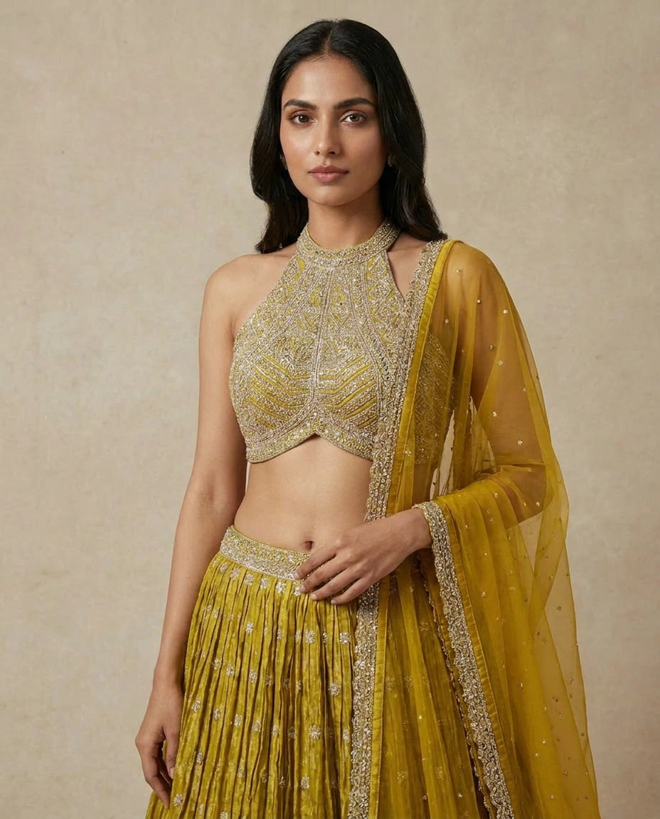 Tissue Lehenga with Hand Embroidered Bodice Online India - Rangoli India