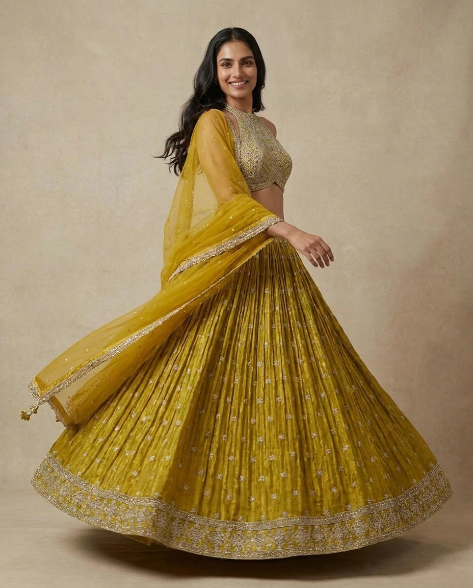 Tissue Lehenga with Hand Embroidered Bodice Online India - Rangoli India