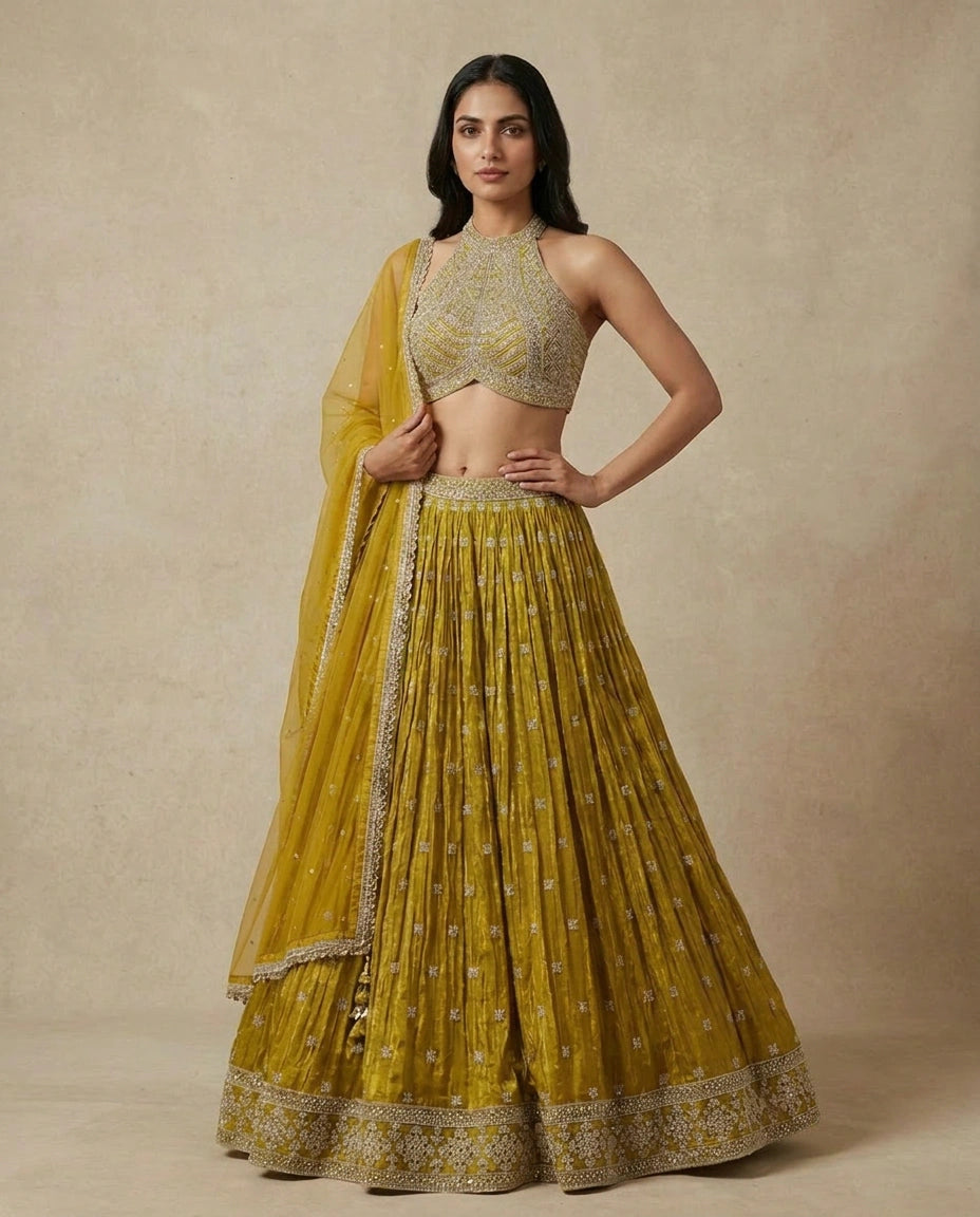 Tissue Lehenga with Hand Embroidered Bodice Online India - Rangoli India