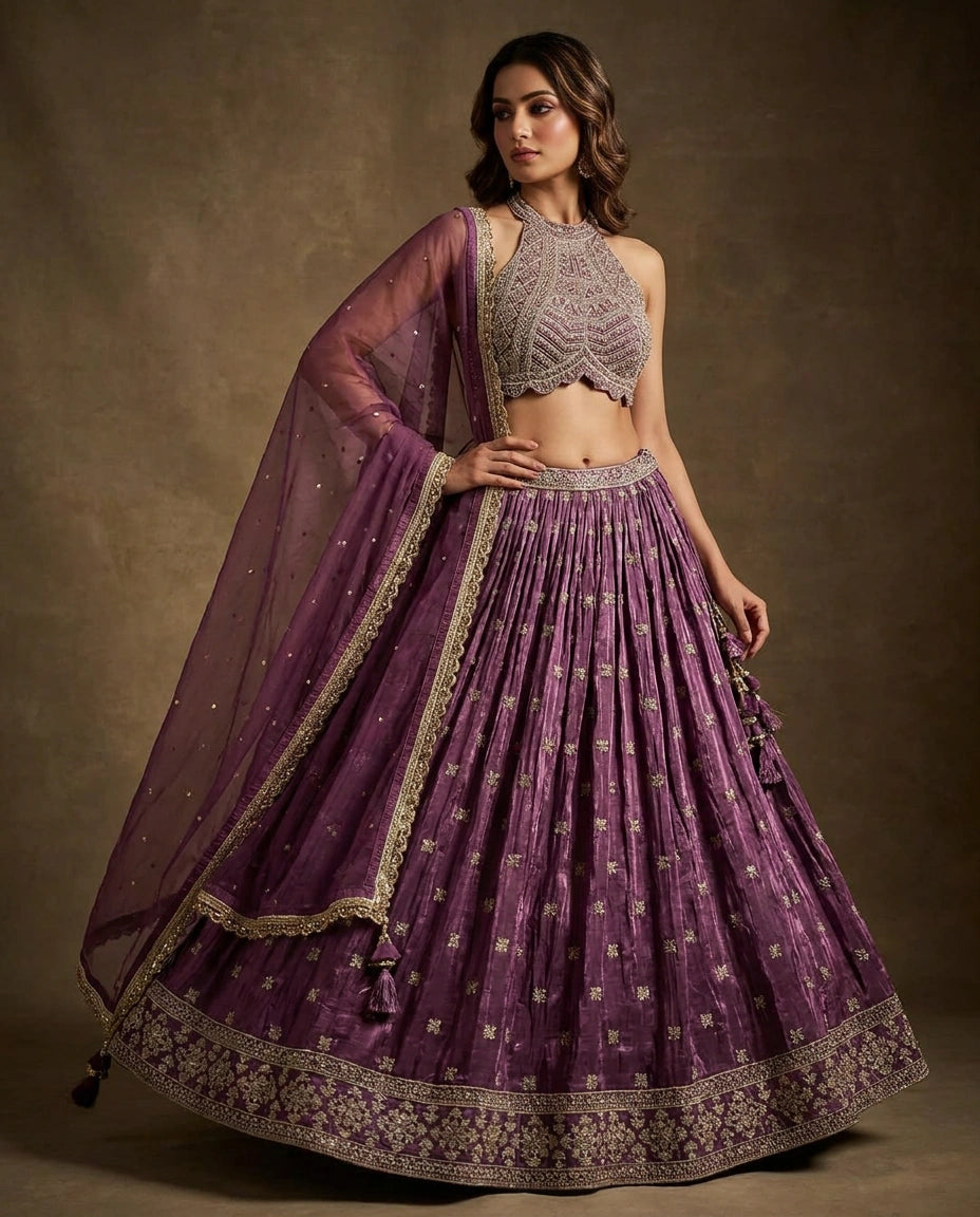 Tissue Lehenga with Hand Embroidered Bodice Online India - Rangoli India