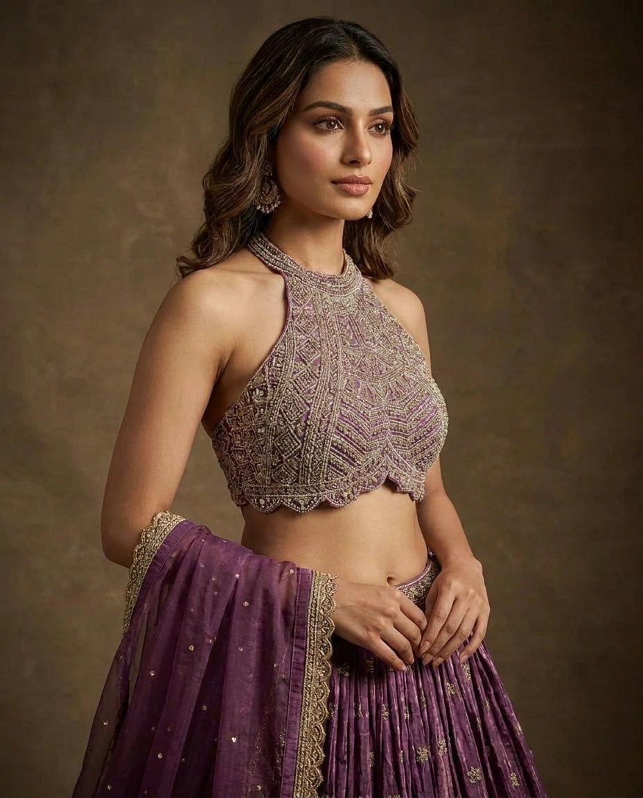 Tissue Lehenga with Hand Embroidered Bodice Online India - Rangoli India