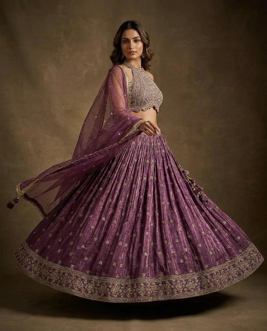 Tissue Lehenga with Hand Embroidered Bodice Online India - Rangoli India