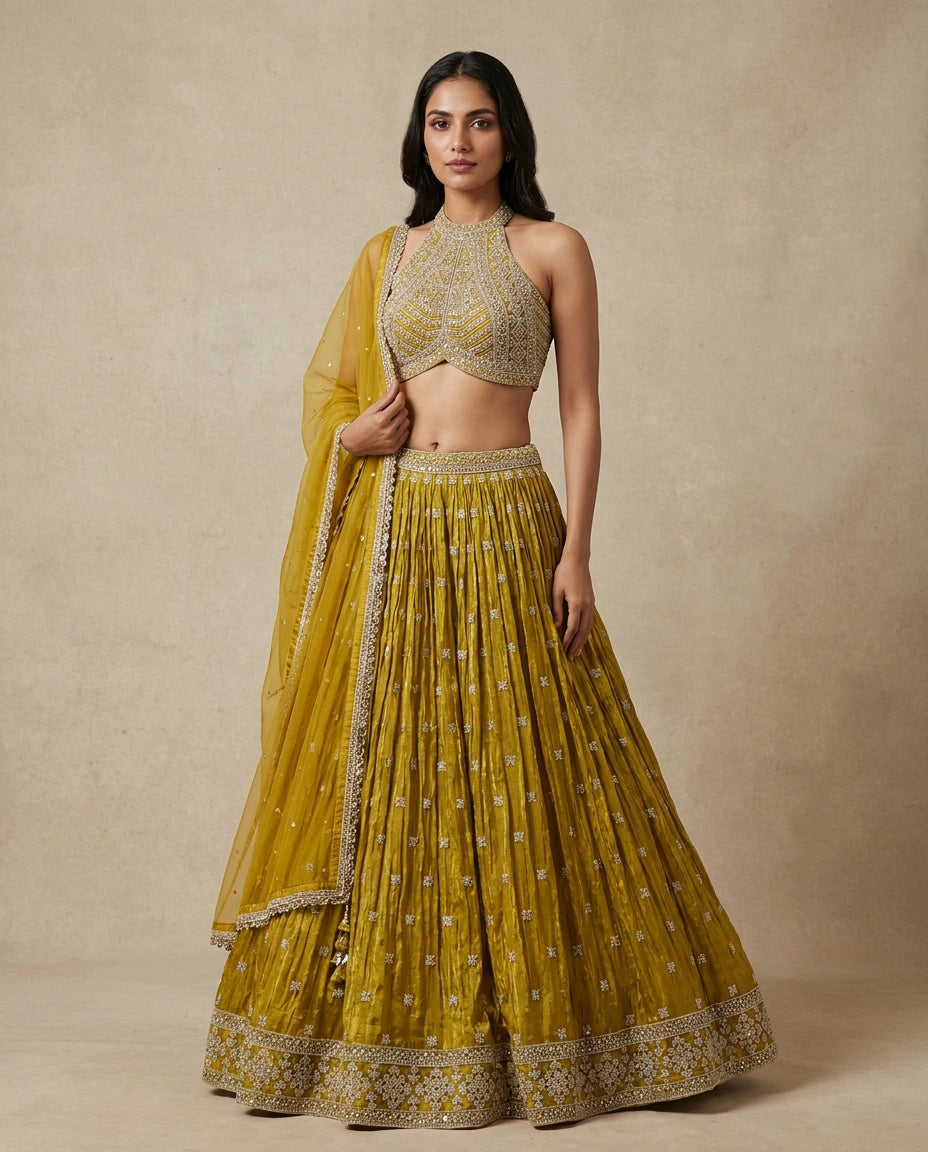 Tissue Lehenga with Hand Embroidered Bodice Online India - Rangoli India