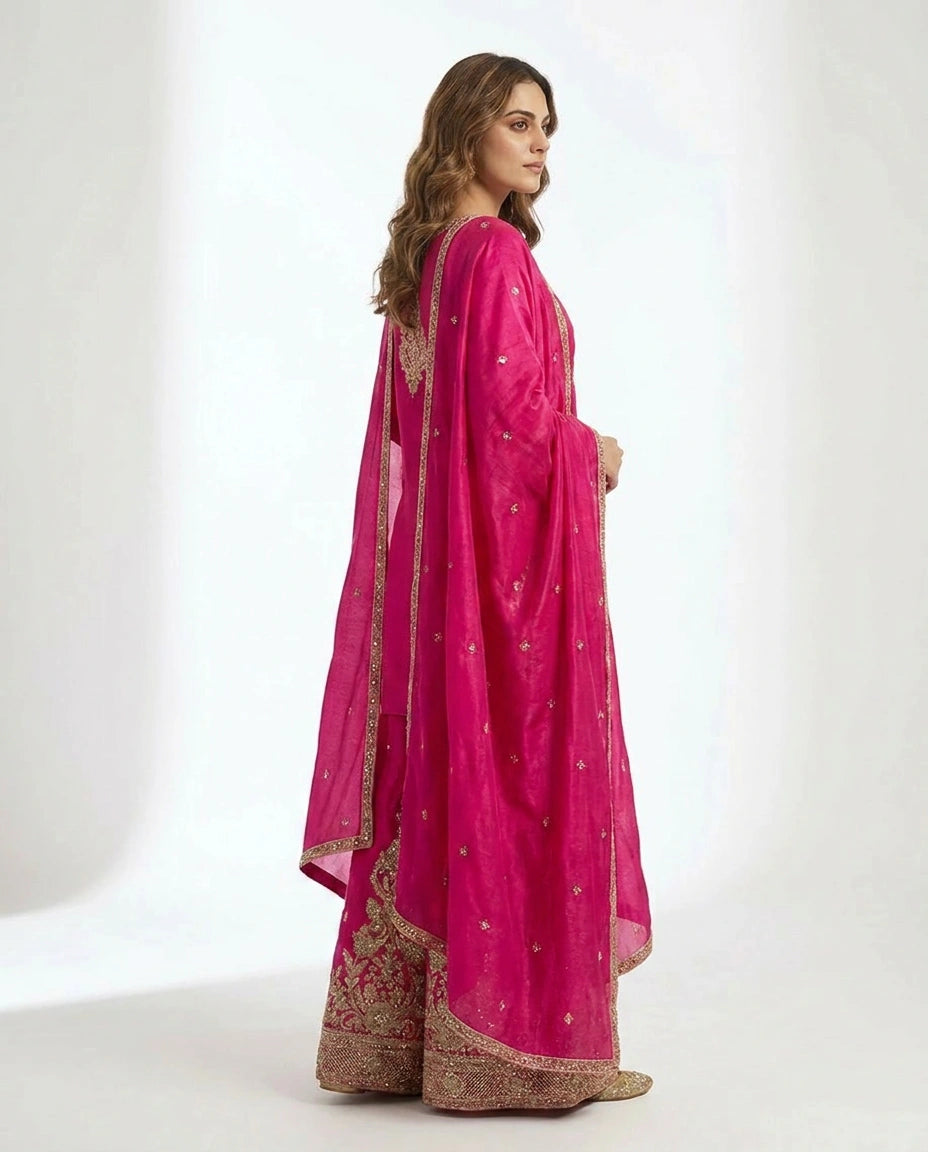 Chinon Silk Sharara Suit with Embroidered Yoke and Dupatta - Rangoli India