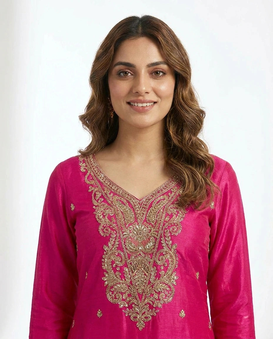 Chinon Silk Sharara Suit with Embroidered Yoke and Dupatta - Rangoli India