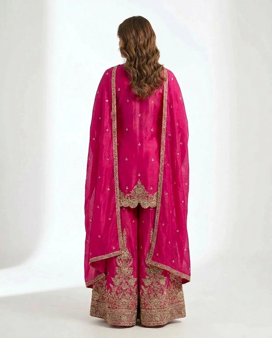 Chinon Silk Sharara Suit with Embroidered Yoke and Dupatta - Rangoli India