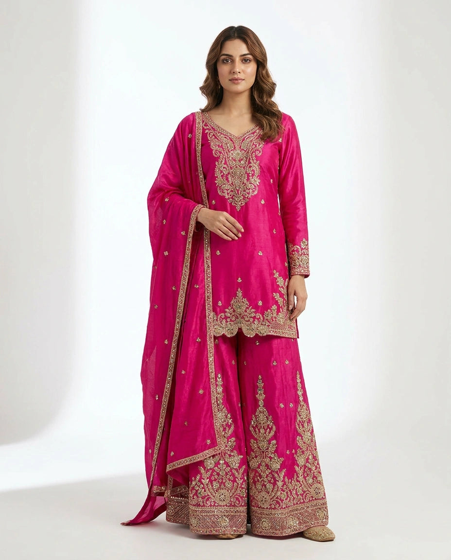 Chinon Silk Sharara Suit with Embroidered Yoke and Dupatta - Rangoli India