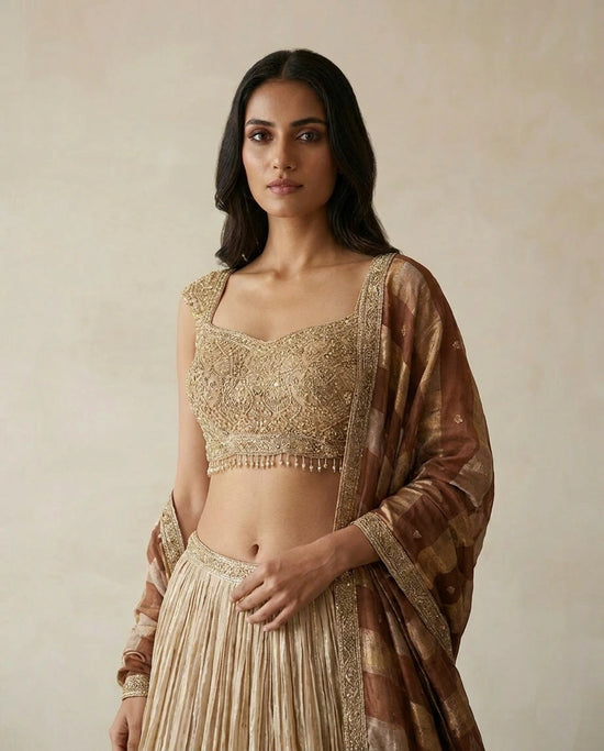 Beige Tissue Croptop Lehenga with Embroidered Croptop - Rangoli India