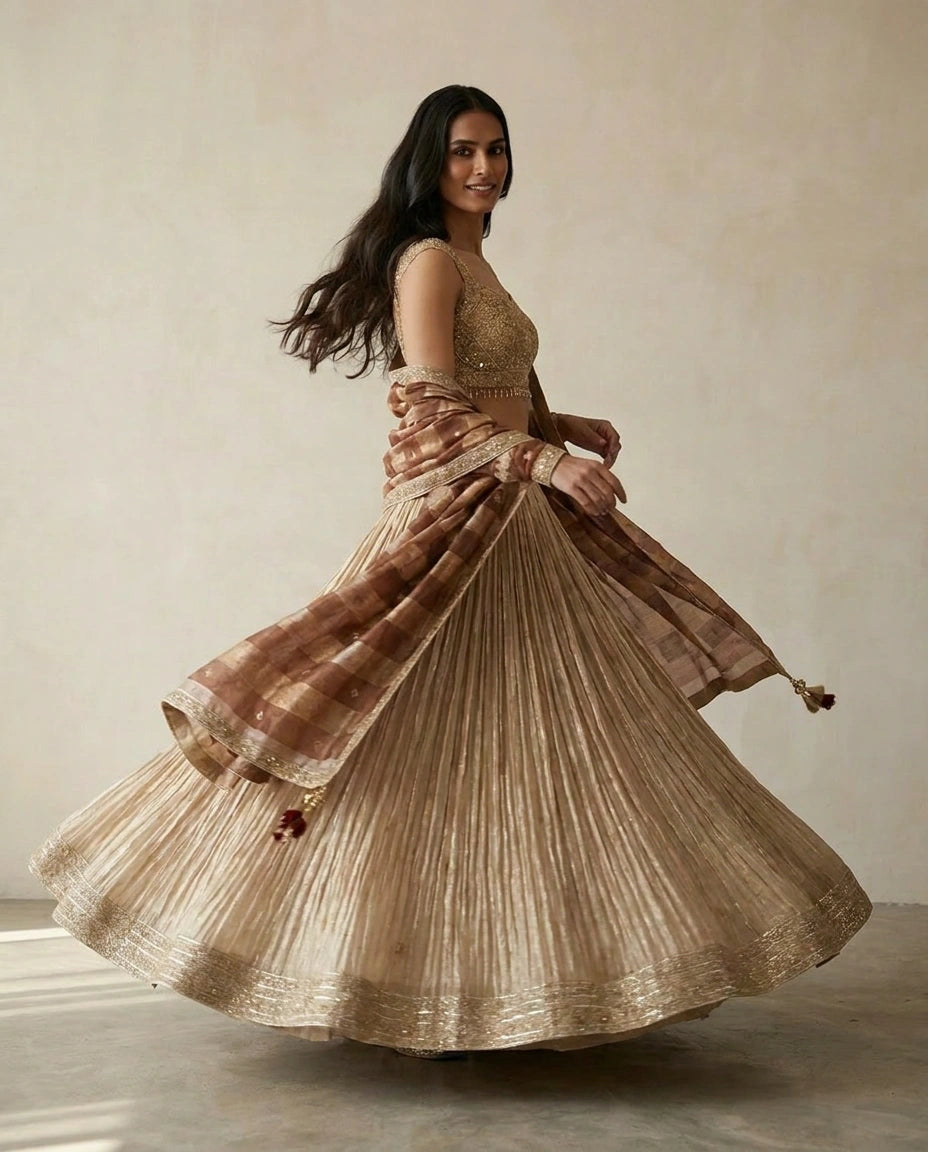 Beige Tissue Croptop Lehenga with Embroidered Croptop view 2