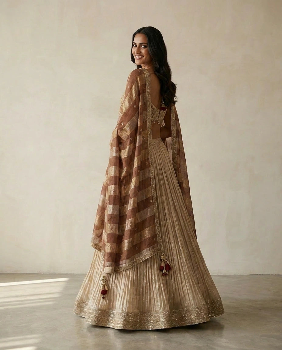 Beige Tissue Croptop Lehenga with Embroidered Croptop view 4