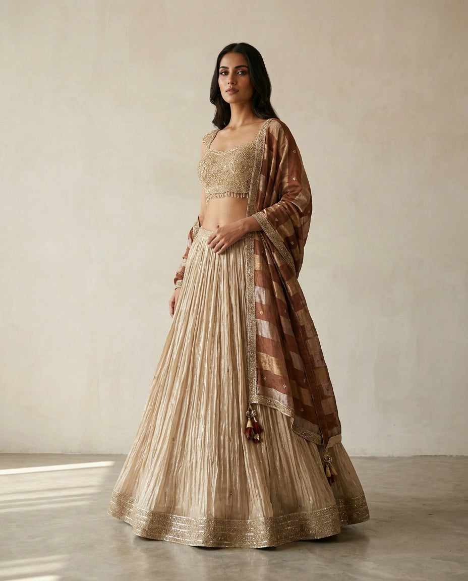 Beige Tissue Croptop Lehenga with Embroidered Croptop view 3