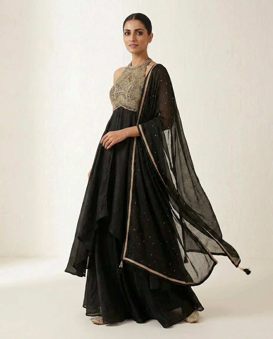Tissue Straight Suit with Sequin and Zari Embroidery Online India - Rangoli India