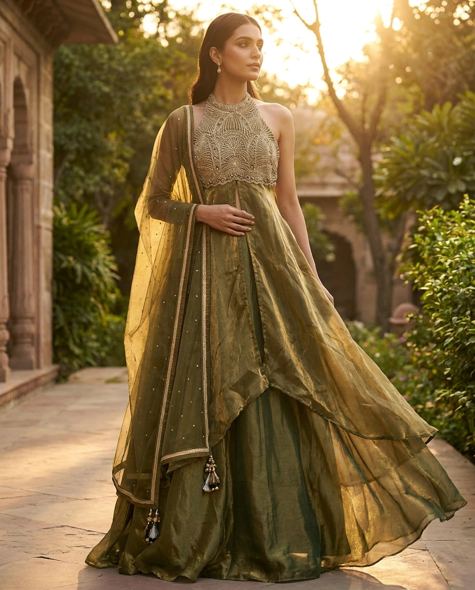 Tissue Straight Suit with Sequin and Zari Embroidery Online India - Rangoli India