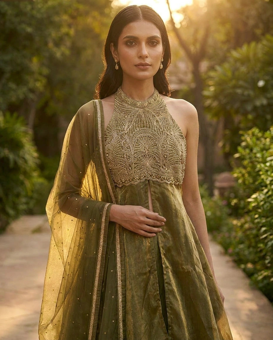 Tissue Straight Suit with Sequin and Zari Embroidery Online India - Rangoli India