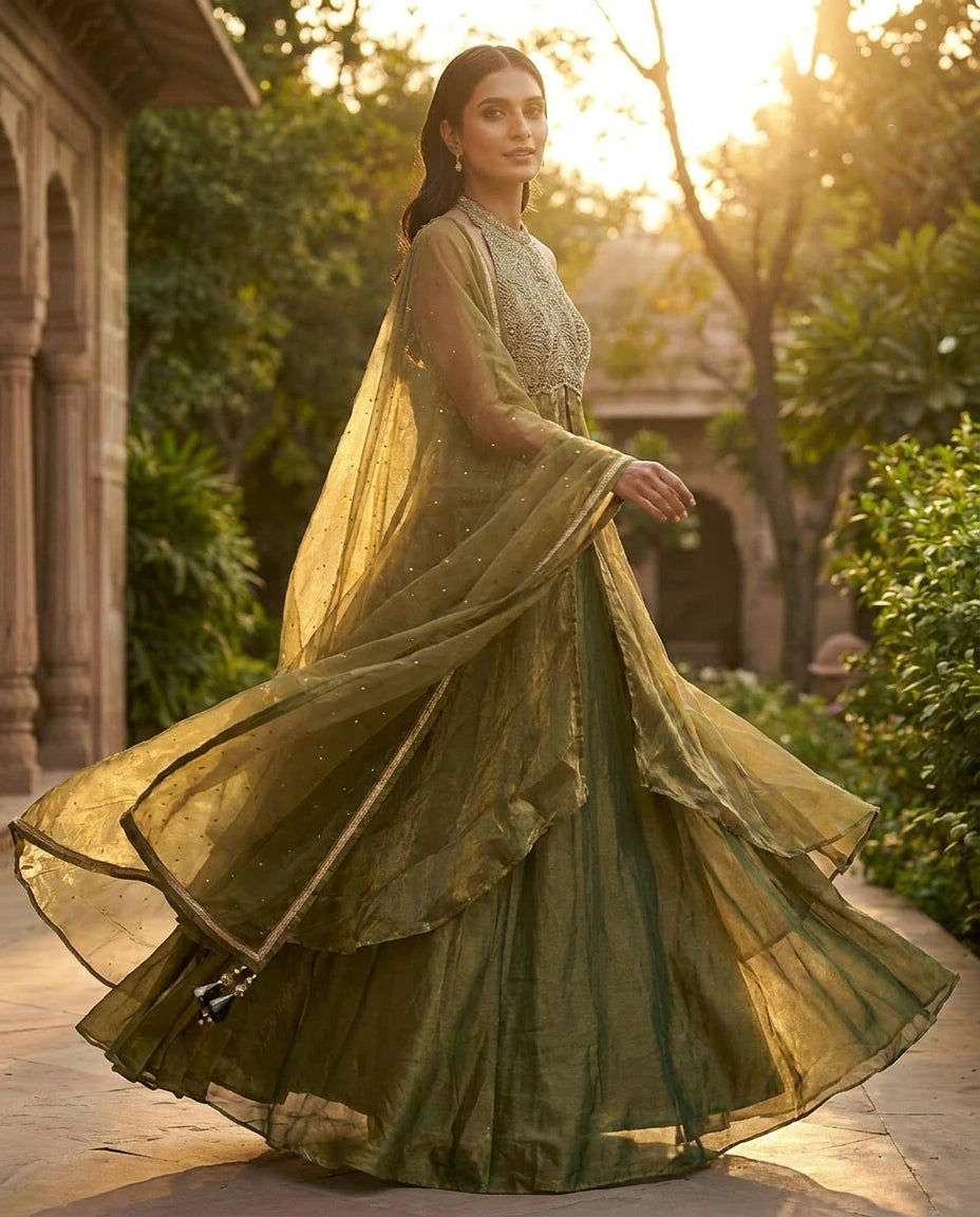 Tissue Straight Suit with Sequin and Zari Embroidery Online India - Rangoli India