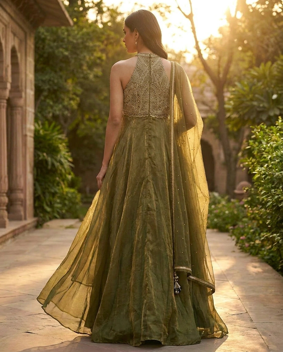 Tissue Straight Suit with Sequin and Zari Embroidery Online India - Rangoli India