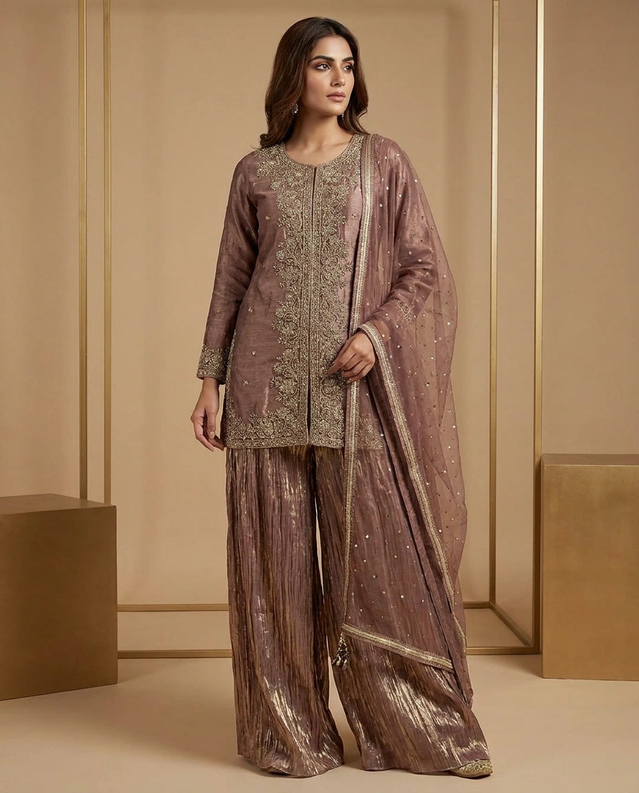 Tissue Sharara Suit with Flared Sharara view 5