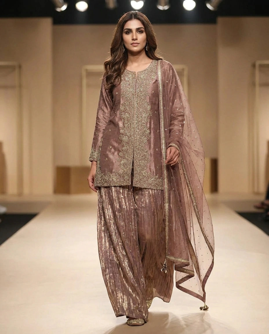 Tissue Sharara Suit with Flared Sharara view 8