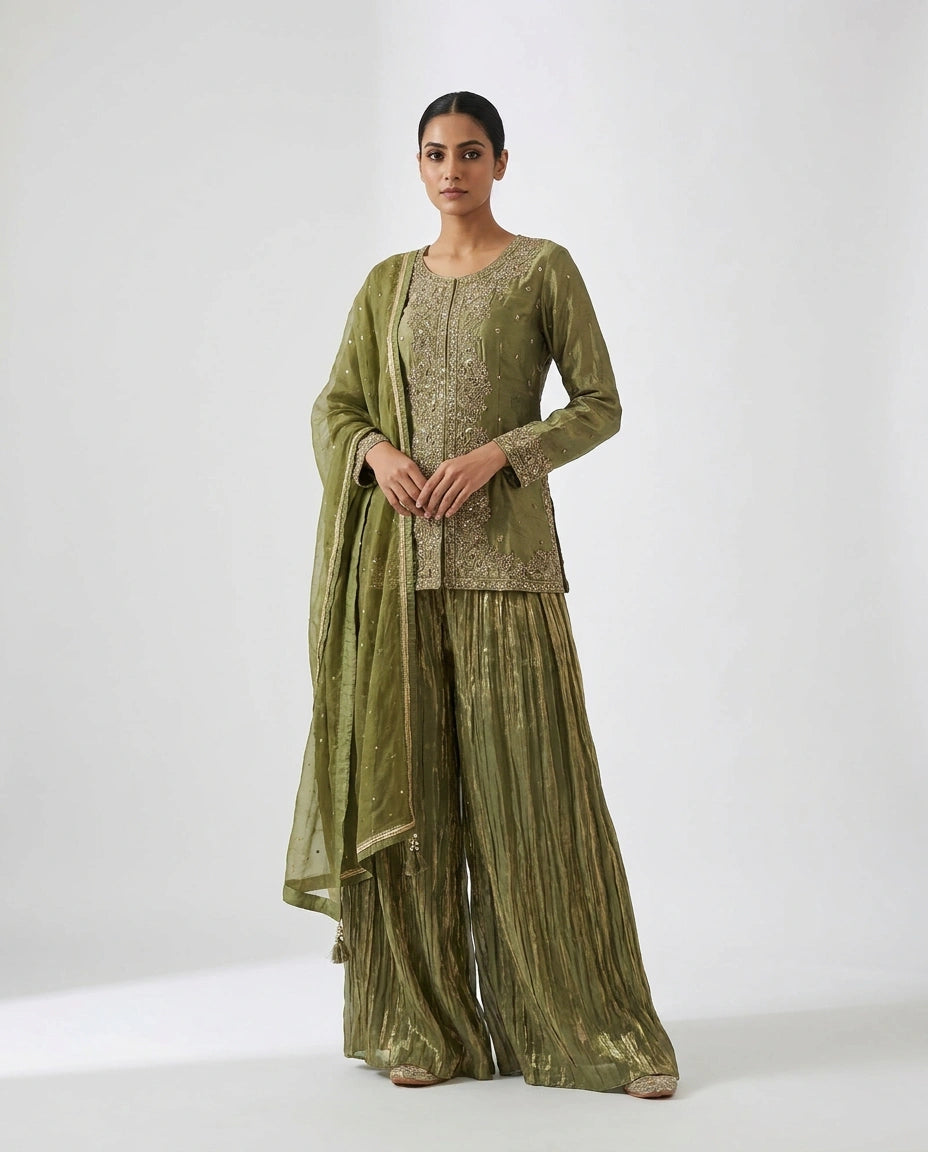 Tissue Sharara Suit with Flared Sharara view 4