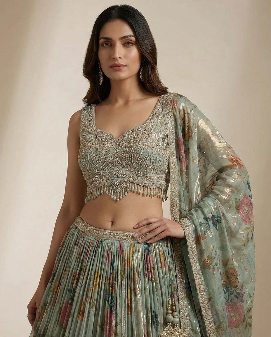 Turquoise Blue Tissue Croptop Lehenga with Embroidered Croptop view 2