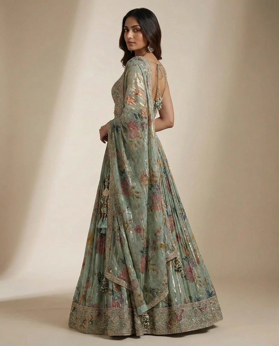 Turquoise Blue Tissue Croptop Lehenga with Embroidered Croptop view 3