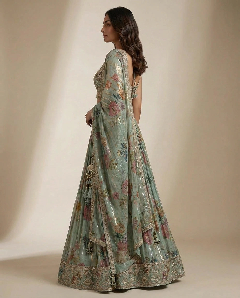 Turquoise Blue Tissue Croptop Lehenga with Embroidered Croptop view 4