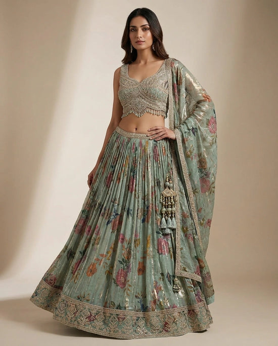 Turquoise Blue Tissue Croptop Lehenga with Embroidered Croptop - Rangoli India