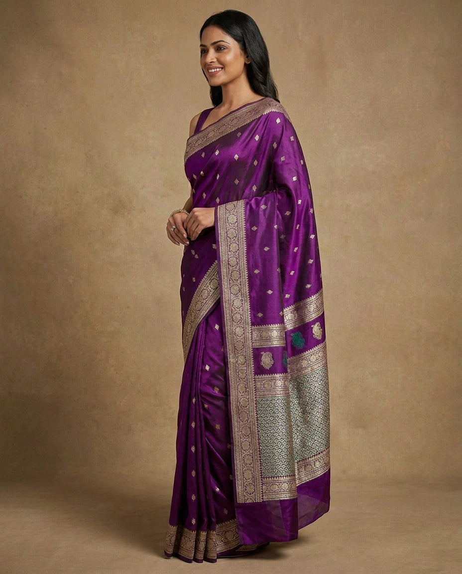 Silk Katan Banarasi Saree with Woven Border - Rangoli India