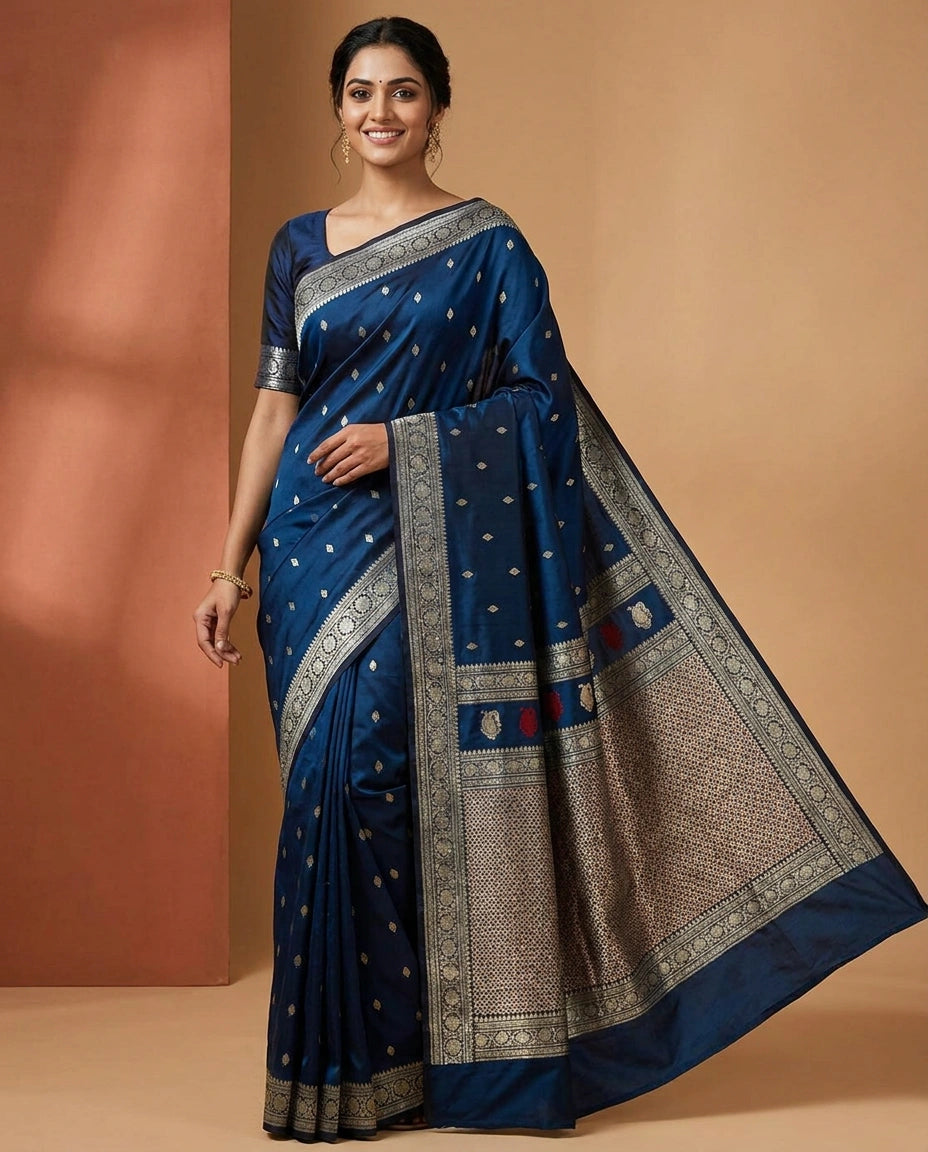 Silk Katan Banarasi Saree with Woven Border - Rangoli India