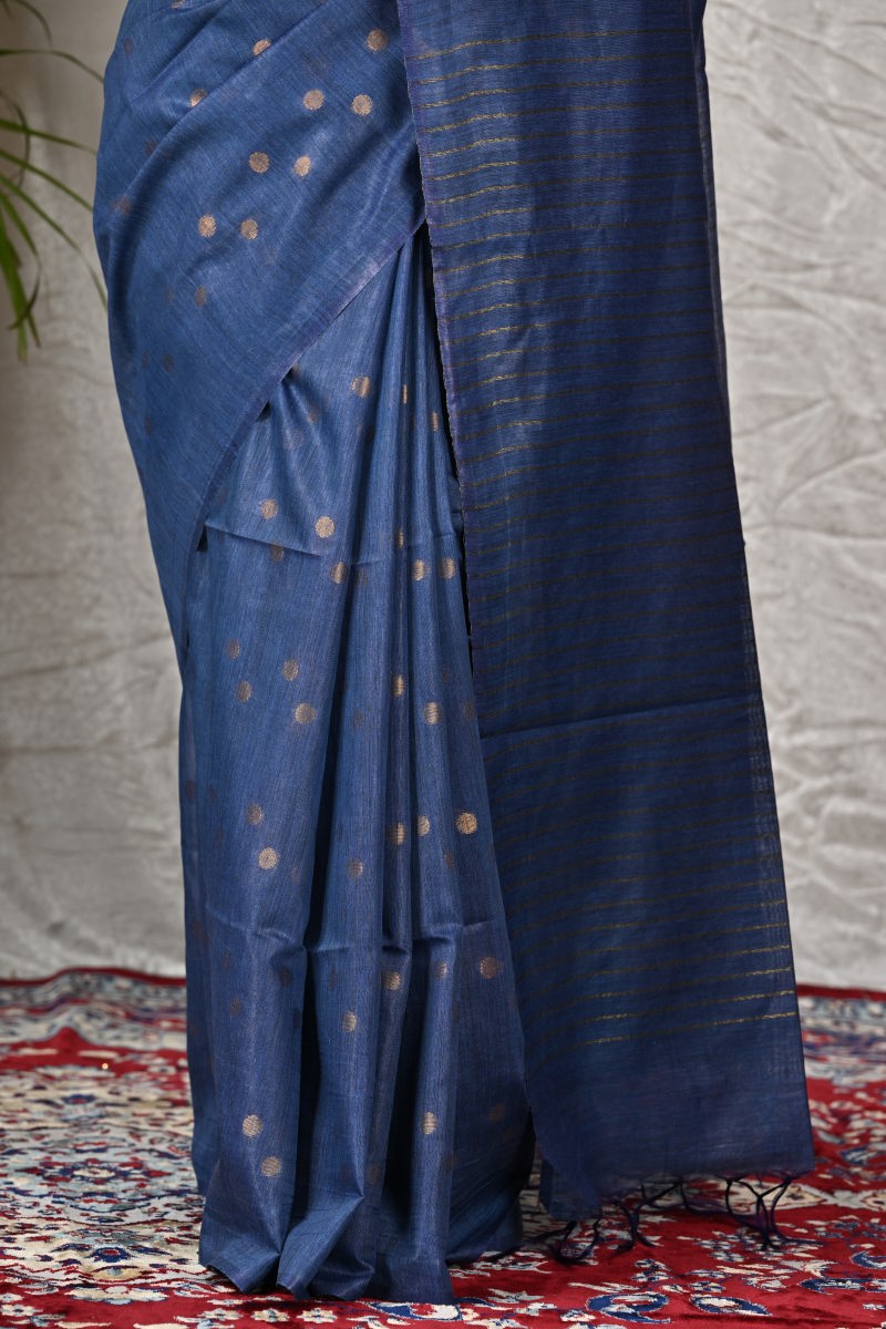 Navy Blue Tussar Silk Saree