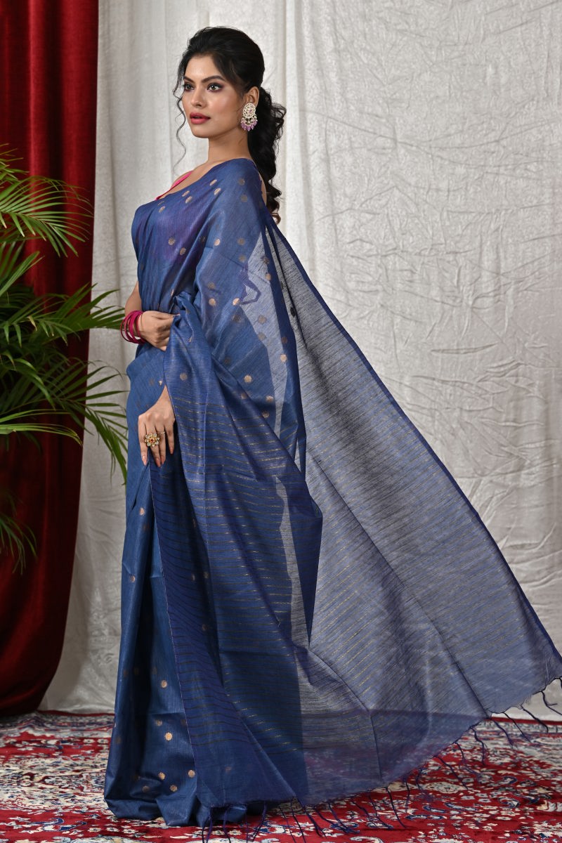 Navy Blue Tussar Silk Saree